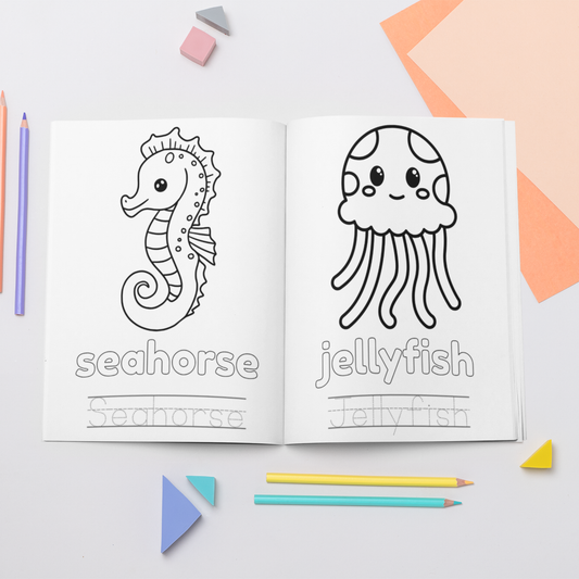 Coloring book open to pages with seahorse and jellyfish illustrations on a light background.