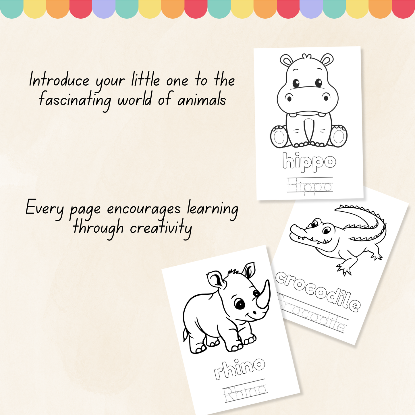 Coloring pages with hippo, crocodile, and rhino illustrations on a light background.