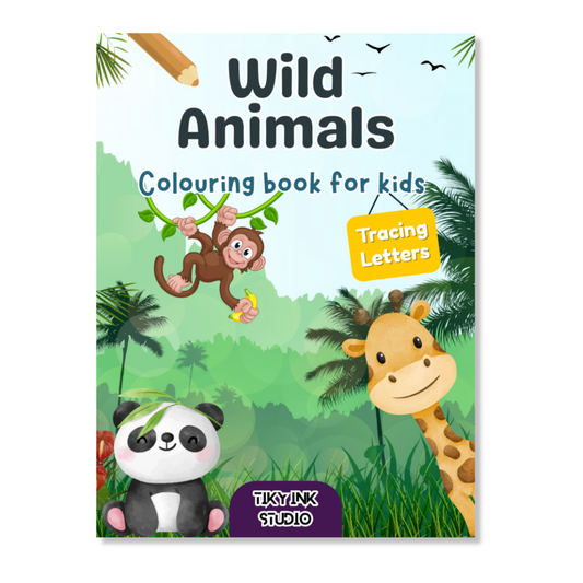 Children's coloring book cover with wild animals and a monkey, panda, and giraffe on a green background.