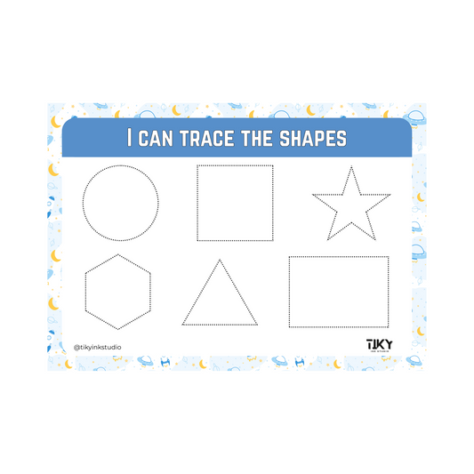 Preschool worksheet with shapes to trace on a white background