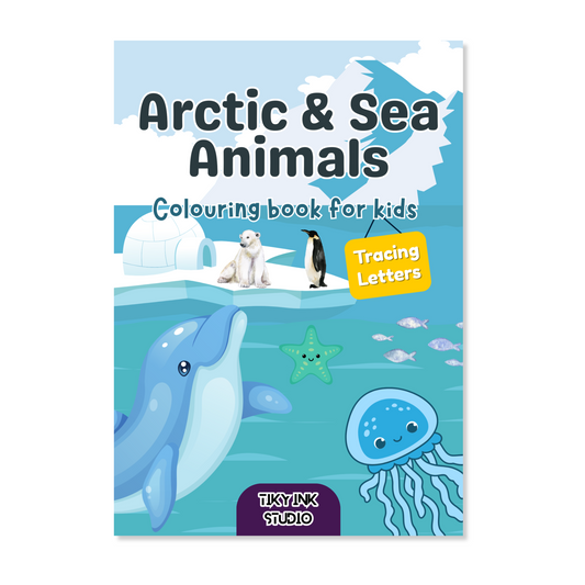 Colouring book for kids titled 'Arctic & Sea Animals' with illustrations of animals on a blue background.