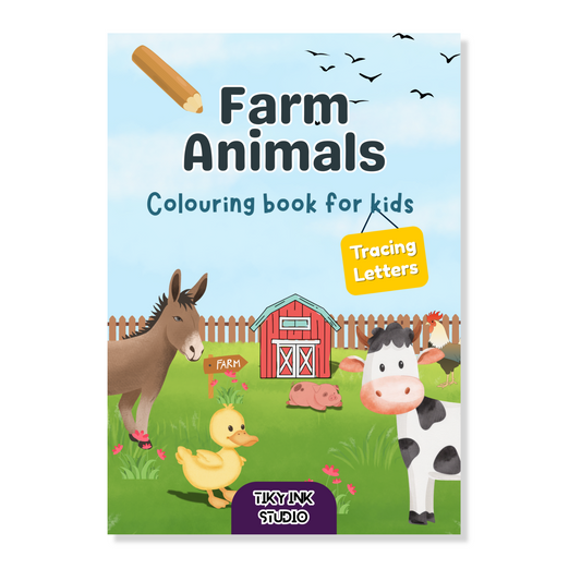 Farm Animals colouring book for kids with cartoon animals on a blue background