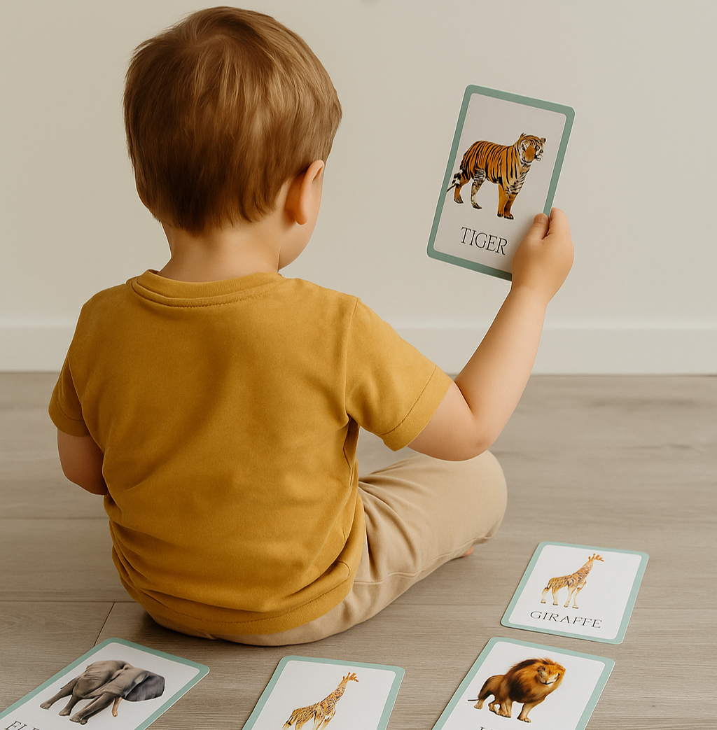 Young child playing with educational flashcards from behind – supporting early learning and development through play