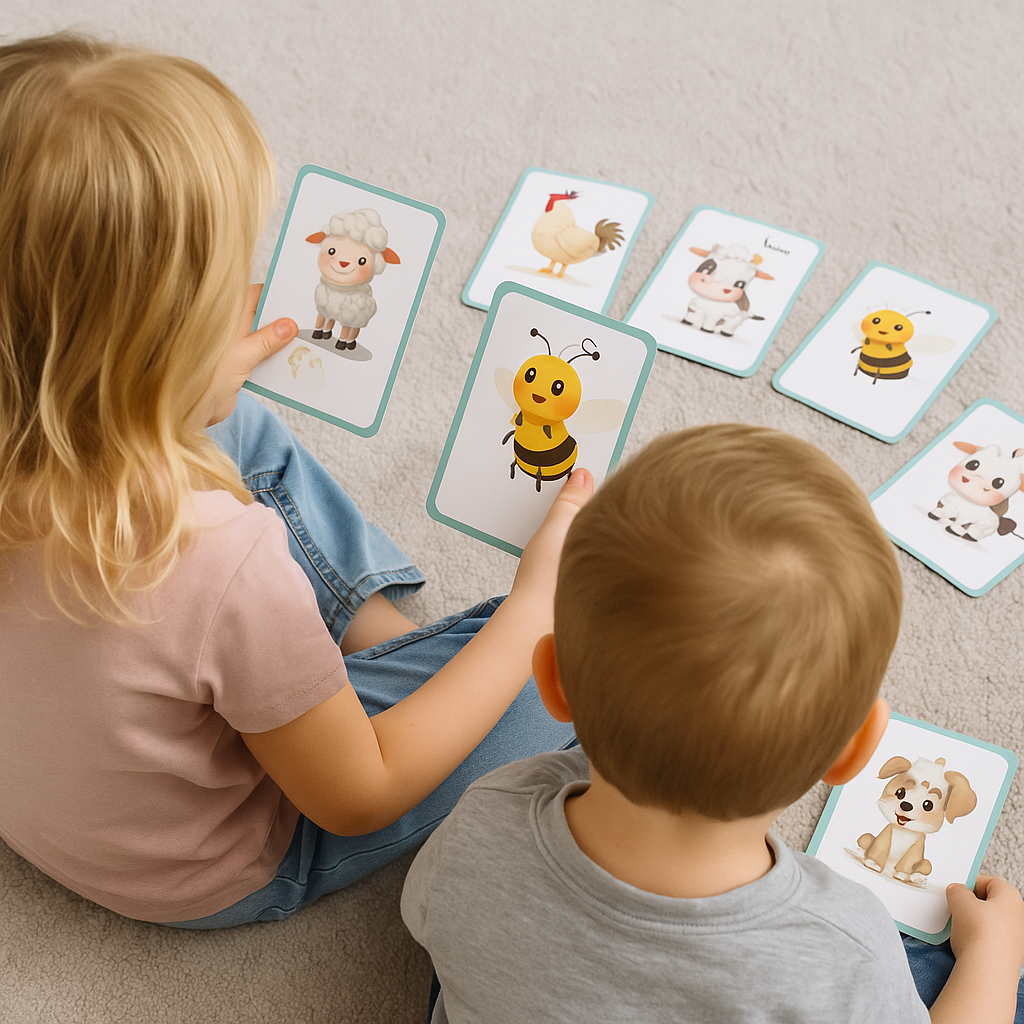 Two young children seen from behind, playing with animal sound flashcards on the floor – engaging in screen-free, educational fun