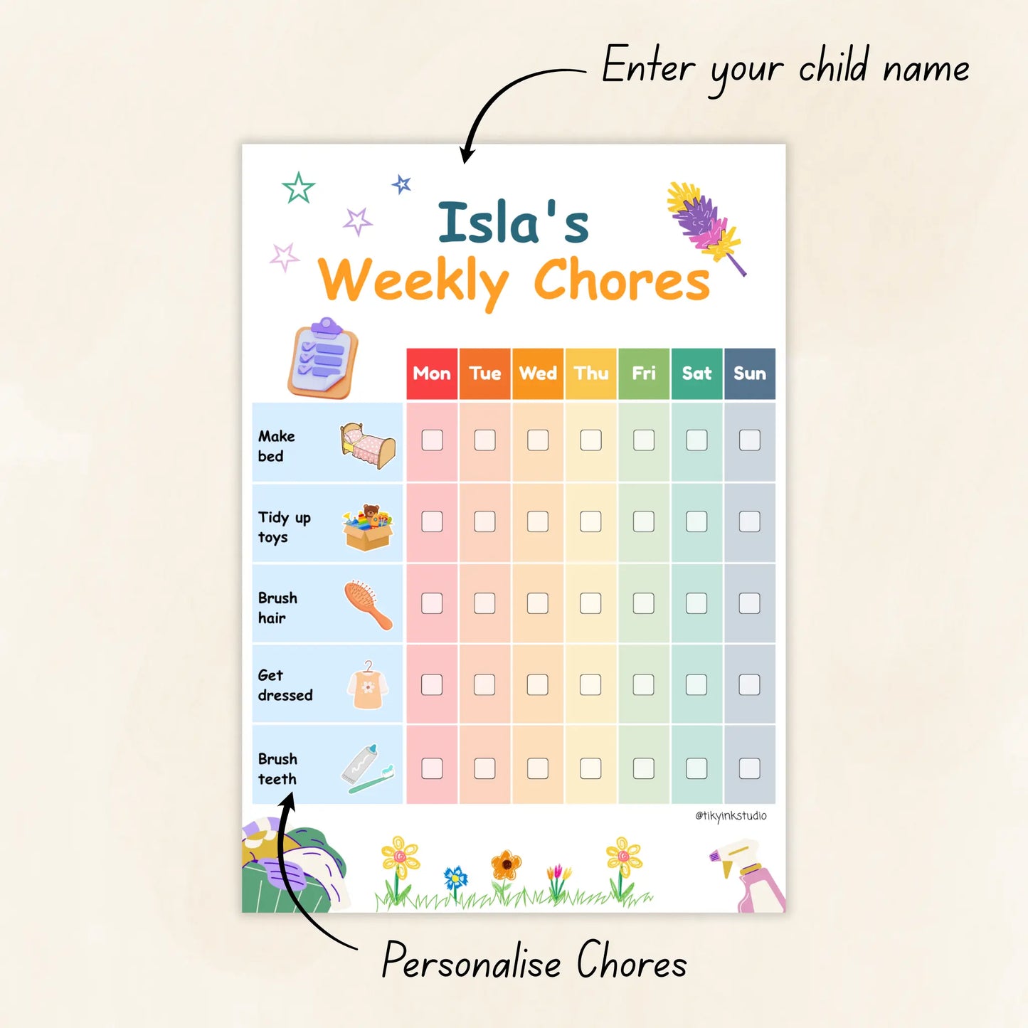 Personalised Weekly Chore Chart Tiky Ink Studio Planner Tiky Ink Studio