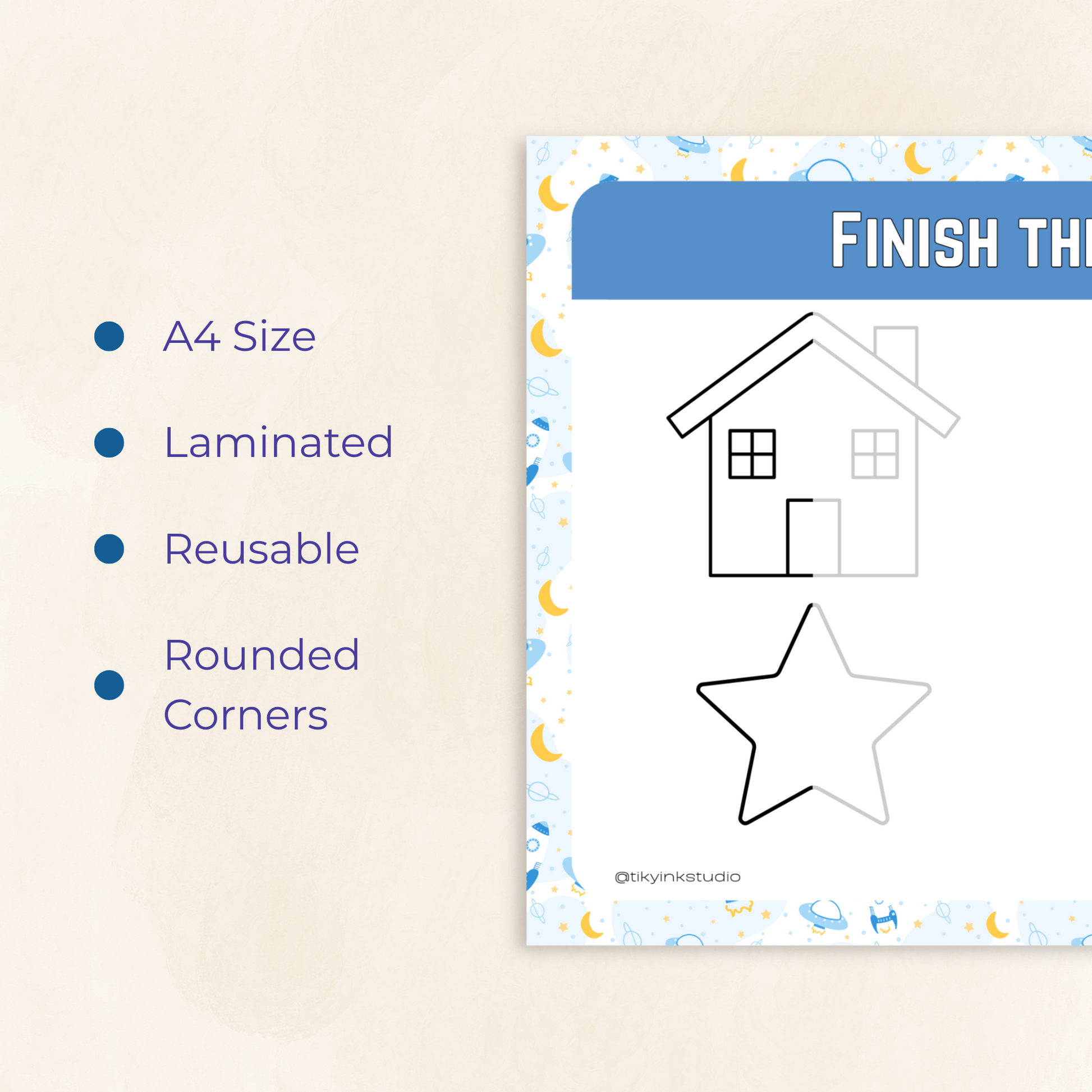Product packaging with a house and star outline on a blue background, featuring text about product features.