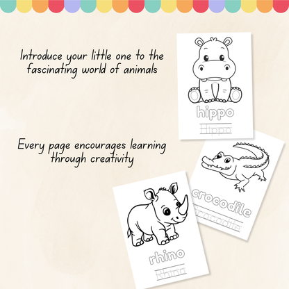 Coloring pages with hippo, crocodile, and rhino illustrations on a light background.