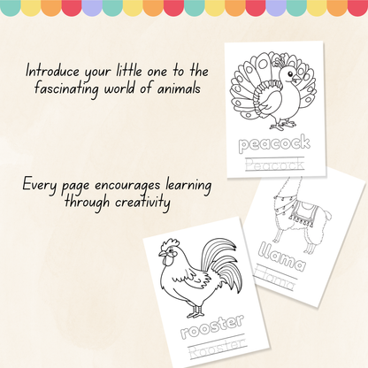 Coloring pages of a peacock, rooster, and llama with text encouraging learning through creativity.