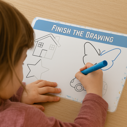 Child coloring a drawing on a worksheet with 'Finish the Drawing' text