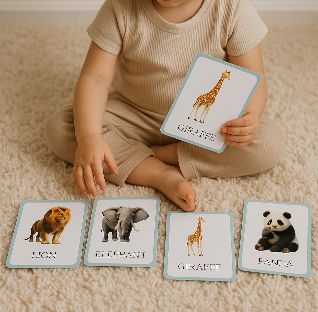 Children playing with flashcards Tiky Ink Studio learning resources, educational toys, early learning, preschool activity, wild animals flashcards